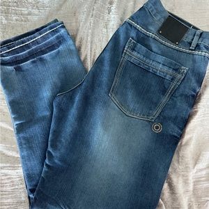 Very comfortable relaxed fit, dark denim